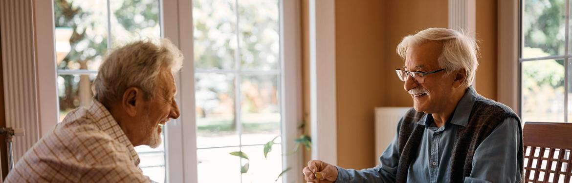 Two men playing chess at home.